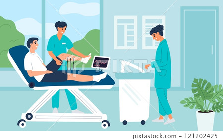 Physiotherapy room. Doctors work with patient. Injured leg development. Restoration of mobility. Rehabilitation process. Medical massage. Treatment procedure. Garish vector concept Physiotherapy room. Doctors work with patient. Injured leg development. Restoration of mobility. Rehabilitation process. Medical massage. Treatment procedure. Garish vector concept 121202425