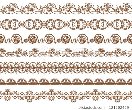 Seamless mehndi borders. Ornamental floral elements. Decorative swirl lines. Indian art. Henna pattern. Ethnic oriental style. Arabesque lace. Traditional tattoo. Splendid vector set 121202439