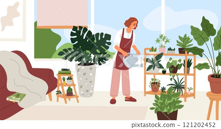 Woman takes care of indoor plants. Happy girl watering potted flowers. Cozy interior. Palm and succulent in flowerpots. Home gardening process. Domestic greenhouse. Garish vector concept Woman takes care of indoor plants. Happy girl watering potted flowers. Cozy interior. Palm and succulent in flowerpots. Home gardening process. Domestic greenhouse. Garish vector concept 121202452