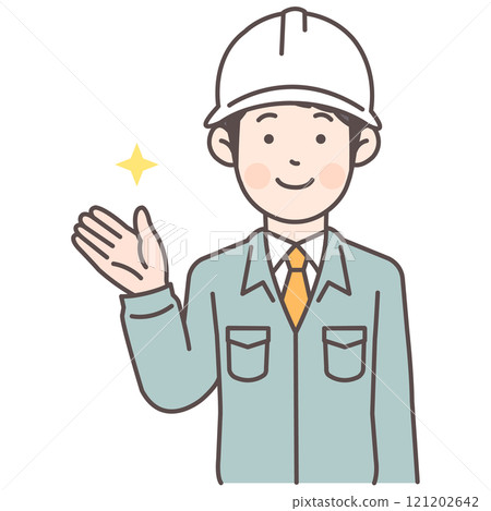 Upper body illustration of a construction worker guiding 121202642