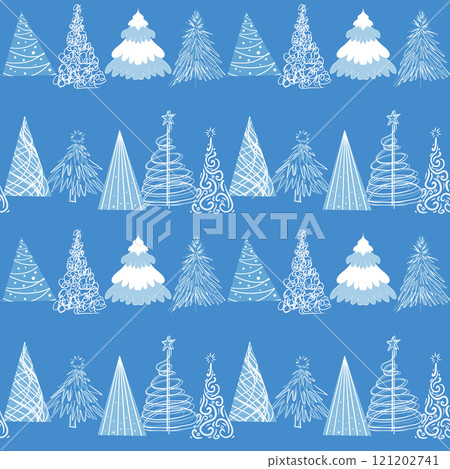 Rows of Christmas trees in different styles on a blue background 121202741