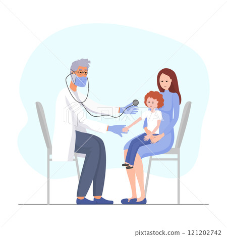 Mom with baby sitting on chair in front of doctor with stethoscope Mom with baby sitting on chair in front of doctor with stethoscope 121202742