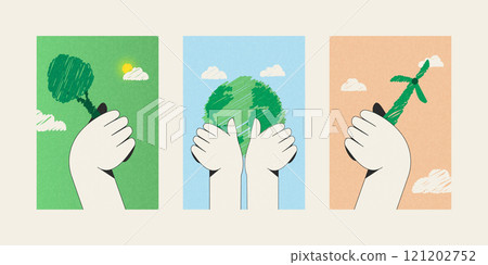 Set of Ecology concept. Set of hand holding Tree, Earth And Wind Turbine. Sustainable environment with renewable energy resources. Vector illustration. 121202752