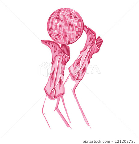 Cowgirl legs in boots, disco ball, watercolor American west footwear, vector pink female heels print 121202753