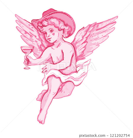 Cute cowboy cherub illustration, watercolor baby angel bachelorette wedding party vector pink design Cute cowboy cherub illustration, watercolor baby angel bachelorette wedding party vector pink design 121202754