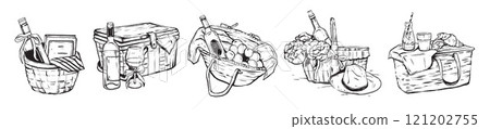 Picnic doodle illustration set, vector hand drawn summer outdoor lunch print, rural basket wine, hat 121202755