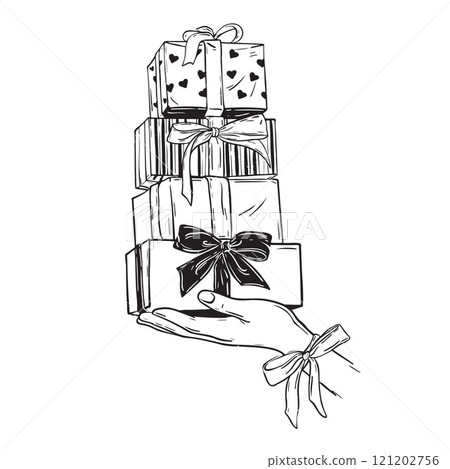 Christmas gift box vector icon, holiday doodle present package illustration, woman hand purchase.  121202756