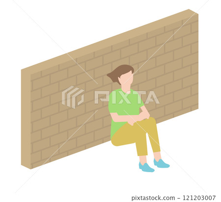 Illustration of a depressed adult woman in front of a wall 121203007