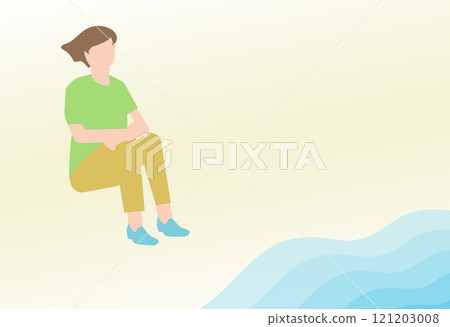 Illustration of an adult woman feeling depressed on the beach 121203008
