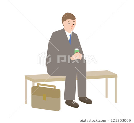 一位沮喪的男性商人坐在長凳上的插圖 121203009