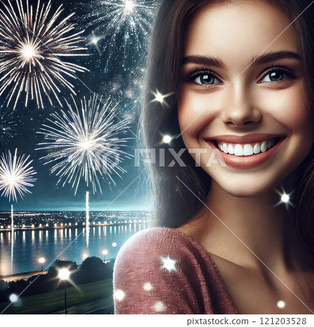 A woman smiling with beautiful fireworks shining in the night sky behind her 121203528