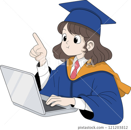 Smiling Graduate Student Using Laptop While Wearing Cap and Gown for Online Learning Concept 121203812