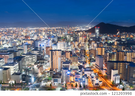 Takamatsu, Japan downtown city skyline at dusk from above. 121203998