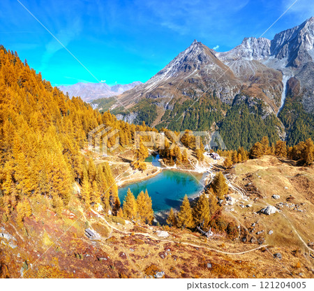Lac Bleu in Arolla, Switzerland at the bottom of the Val d'Herens in Autumn Season Lac Bleu in Arolla, Switzerland at the bottom of the Val d'Herens in Autumn Season 121204005