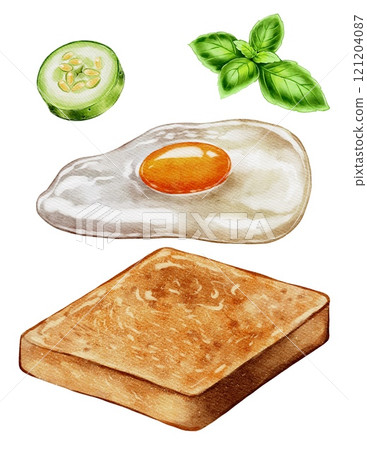 Set of fried egg on toast with cucumber and basil, breakfast 121204087