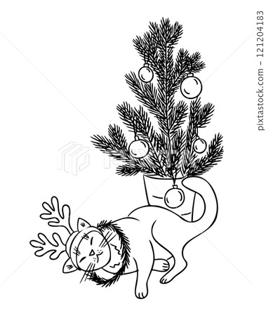 Playful Christmas doodle illustration of cat Playful Christmas doodle illustration of cat 121204183