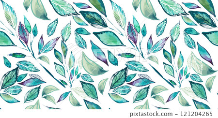 Leafy seamless pattern. Leaf, leaves, green branch textile fabric, texture background. Watercolor twig, seeds, leaf. Greenery decorative paper print. Hand drawing. Not AI, Vector illustration. 121204265