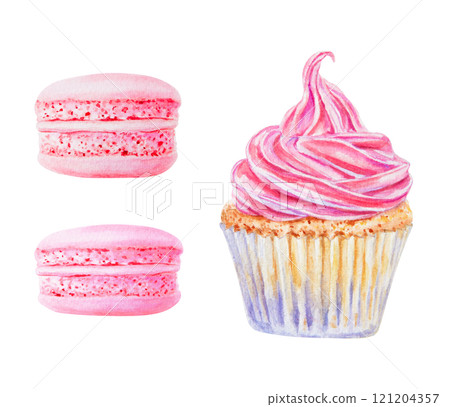 Set of baked goods. Cupcake with hot pink swirl icing and macarons. Isolated watercolor hand drawn clipart perfect for bakery branding, dessert menu, food related design, greeting cards, party project 121204357