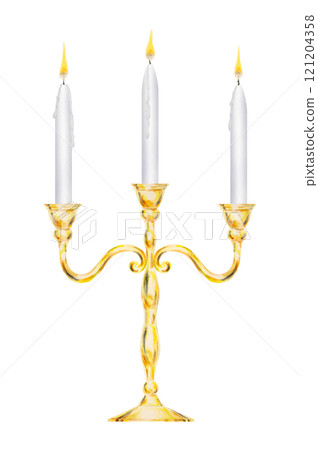 Watercolor isolated clip art of elegant golden candelabra with three white candles burning with yellow flame. Perfect for weddings, event decor, romantic dinners, Valentine's Day, Christmas 121204358
