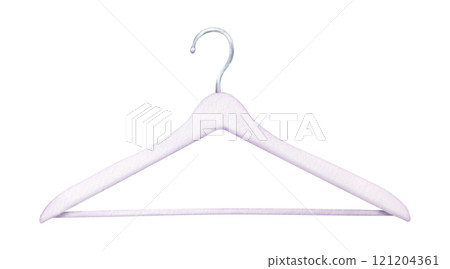 Illustration of white wooden hanger with silver hook. Watercolor hand drawn isolated clipart. Ideal for clothing promotional products, fashion, dresses, wardrobes, storage concepts and product design Illustration of white wooden hanger with silver hook. Watercolor hand drawn isolated clipart. Ideal for clothing promotional products, fashion, dresses, wardrobes, storage concepts and product design 121204361