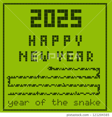 2025 Happy New Year square card. Year of the snake background in retro pixel art style. Old fashioned phone game concept for new year celebration. 2025 Happy New Year square card. Year of the snake background in retro pixel art style. Old fashioned phone game concept for new year celebration. 121204385