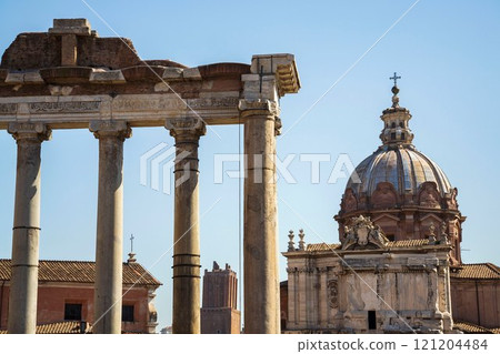 Ruins at the Forum Romanum, Rome, Italy, clear blue sky sunny day 121204484