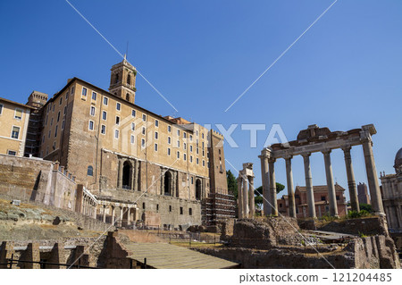Ruins at the Forum Romanum, Rome, Italy, clear blue sky sunny day 121204485