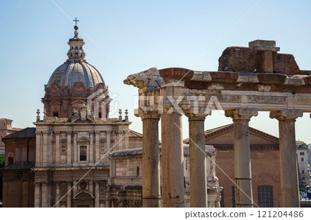 Ruins at the Forum Romanum, Rome, Italy, clear blue sky sunny day 121204486
