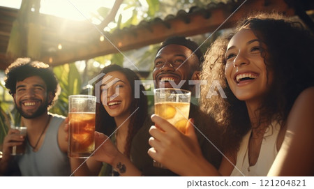 A group of people are sitting outside and laughing while holding glasses of beer 121204821