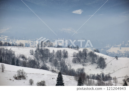 Winter landscape with small village houses between snow covered forest in cold mountains Winter landscape with small village houses between snow covered forest in cold mountains 121204943