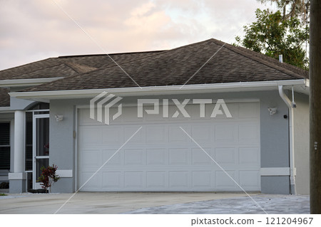 Wide garage double door and concrete driveway of new modern american house Wide garage double door and concrete driveway of new modern american house 121204967