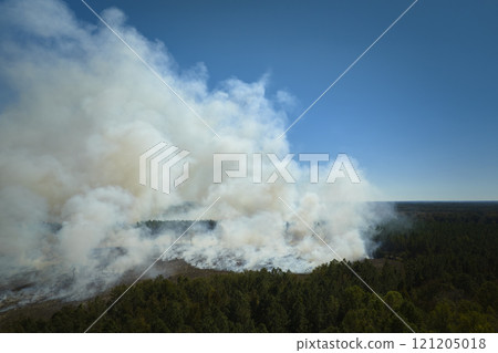 View from above of dense smoke from woodland and field on fire rising up polluting air. Concept of natural disaster View from above of dense smoke from woodland and field on fire rising up polluting air. Concept of natural disaster 121205018