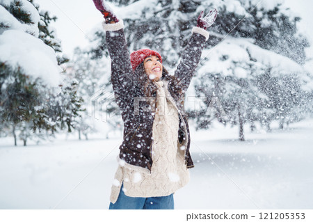 Beautiful Woman Wearing Fashionable Winter Clothes walking in winter nature. Holidays concept. Beautiful Woman Wearing Fashionable Winter Clothes walking in winter nature. Holidays concept. 121205353