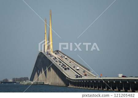 Sunshine Skyway Bridge over Tampa Bay in Florida with moving traffic. Concept of transportation infrastructure 121205482