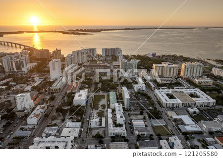 Sarasota, Florida at sunset. American city downtown architecture with high-rise office buildings. Real estate development in Florida. USA travel destination 121205580