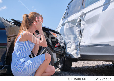 Sad female driver sitting on street side shocked after car accident. Road safety and vehicle insurance concept Sad female driver sitting on street side shocked after car accident. Road safety and vehicle insurance concept 121205587