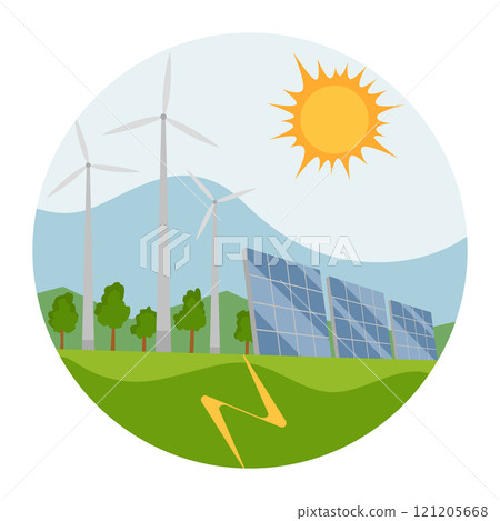 Energy production, renewable. Industrial power station technology for energy generation. Type of factory building of heavy industry. Flat vector illustration isolated on white background 121205668