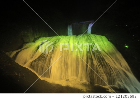 Fukuroda Falls in Ibaraki Prefecture, one of Japan's three most famous waterfalls, illuminated in the darkness Fukuroda Falls in Ibaraki Prefecture, one of Japan's three most famous waterfalls, illuminated in the darkness 121205692