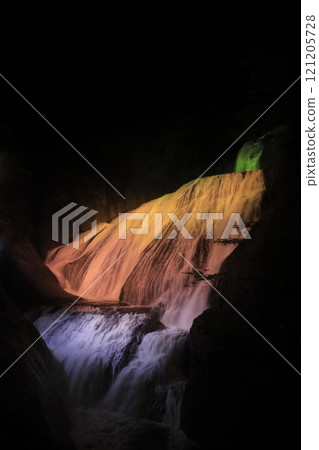 Fukuroda Falls in Ibaraki Prefecture, one of Japan's three most famous waterfalls, illuminated in the darkness Fukuroda Falls in Ibaraki Prefecture, one of Japan's three most famous waterfalls, illuminated in the darkness 121205728
