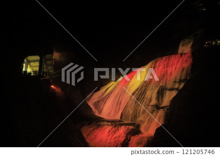 Fukuroda Falls in Ibaraki Prefecture, one of Japan's three most famous waterfalls, illuminated in the darkness Fukuroda Falls in Ibaraki Prefecture, one of Japan's three most famous waterfalls, illuminated in the darkness 121205746