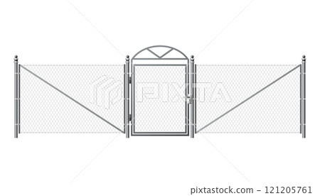 Metal wire fence and gate. Chain-link fence fragment with metallic pillars. Secured territory, protected area or prison fencing. Wire grid construction 121205761