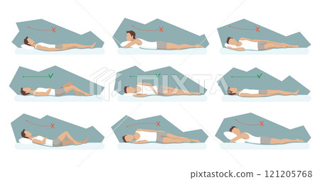 Correct and incorrect sleeping body posture. Healthy sleeping position spine in various mattresses and pillow. Caring for health of back, neck. Comparative vector illustration 121205768