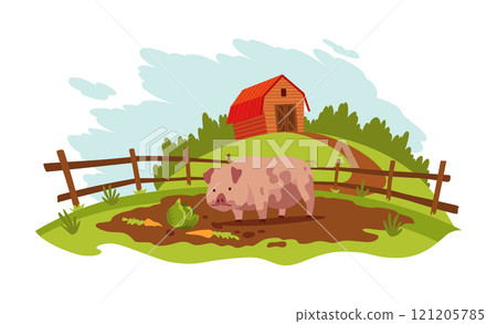 Pig farm landscape. Agriculture field, rural nature scene. Ruralfield panorama with shed or barn and pig Pig farm landscape. Agriculture field, rural nature scene. Ruralfield panorama with shed or barn and pig 121205785