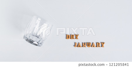 Sober January concept, empty glass and text on grey background top view web banner Sober January concept, empty glass and text on grey background top view web banner 121205841