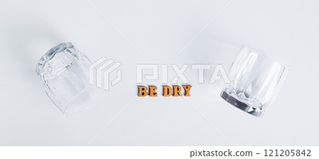 Dry January concept, empty glasses and text on grey background top view web banner Dry January concept, empty glasses and text on grey background top view web banner 121205842