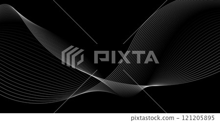 Abstract black background with flowing white curved lines creating a wave effect. Vector illustration 121205895