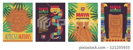 A vector posters featuring vintage tribal idols, a temple inspired by ancient cultures 121205935