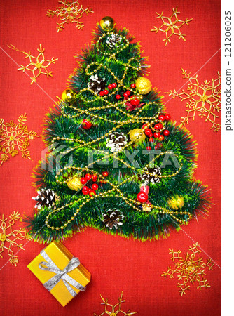 a small Christmas tree of tinsel, nuts, ribbons and ornaments. Gift for a Christmas tree, a vintage watch. 2018, a small Christmas tree of tinsel, nuts, ribbons and ornaments. Gift for a Christmas tree, a vintage watch. 2018, 121206025