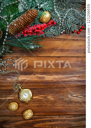 Christmas wooden background with snow branch. Top view with copy space for your text 121206039