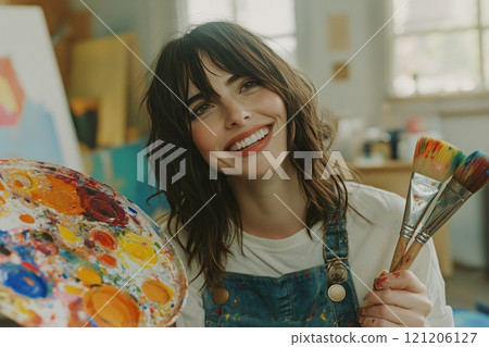 Beautiful young female artist with palette and brushes 121206127